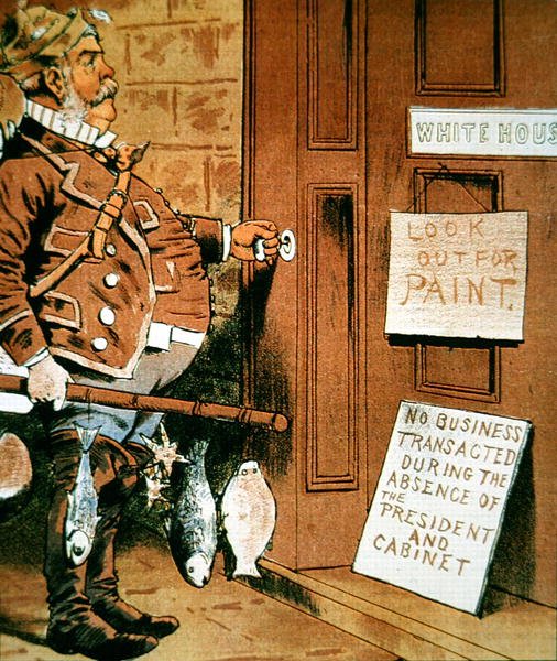 Chester A. Arthur elnök rajzfilmje a Judge magazinból, kommentálja az elnök gyakori horgászútjait alkotó: American School