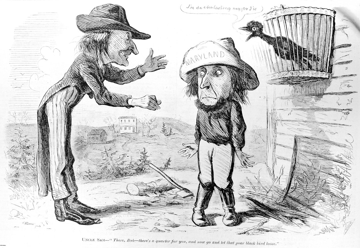 Karikatúra, amely a marylandi rabszolgaság eltörlését szatírozza, "Frank Leslie Illustrated Newspaper"-ből, 1862. április 5. alkotó: American School