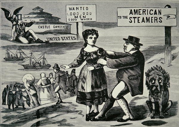 Rajzfilm, amelyen John Bull próbálja megállítani az Egyesült Államokba irányuló növekvő munkaerő-áramlást, 1850 körül (metszet) alkotó: American School
