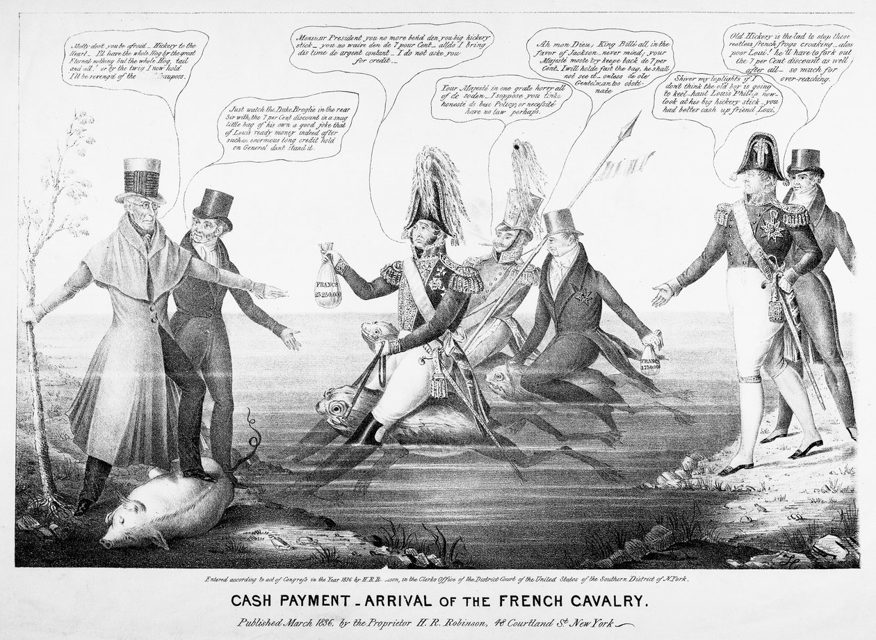 Készpénzes fizetés – A francia lovasság érkezése, kiadó: H. R. Robinson, New York, 1836 (metszett) alkotó: American School