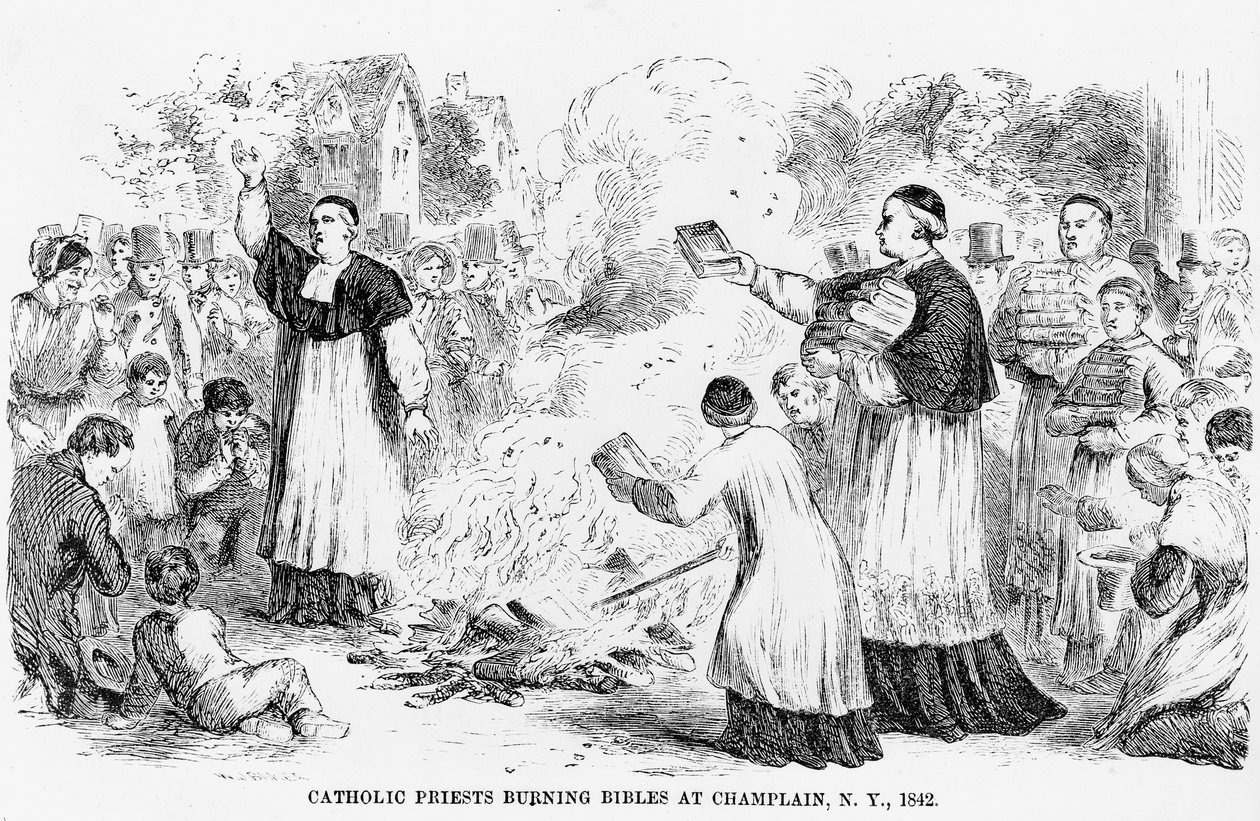 Katolikus papok Bibliát égetnek a New York állambeli Champlainben, illusztráció egy katolikusellenes füzetből, 1842 alkotó: American School