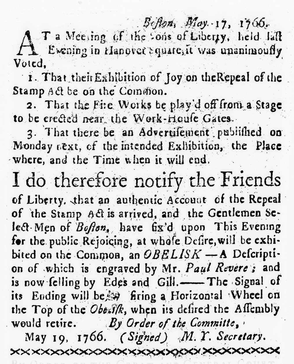 A bélyegtörvény hatályon kívül helyezésének megünneplése a Boston Gazette-ből, 1766. május 19. (újságpapír) alkotó: American School