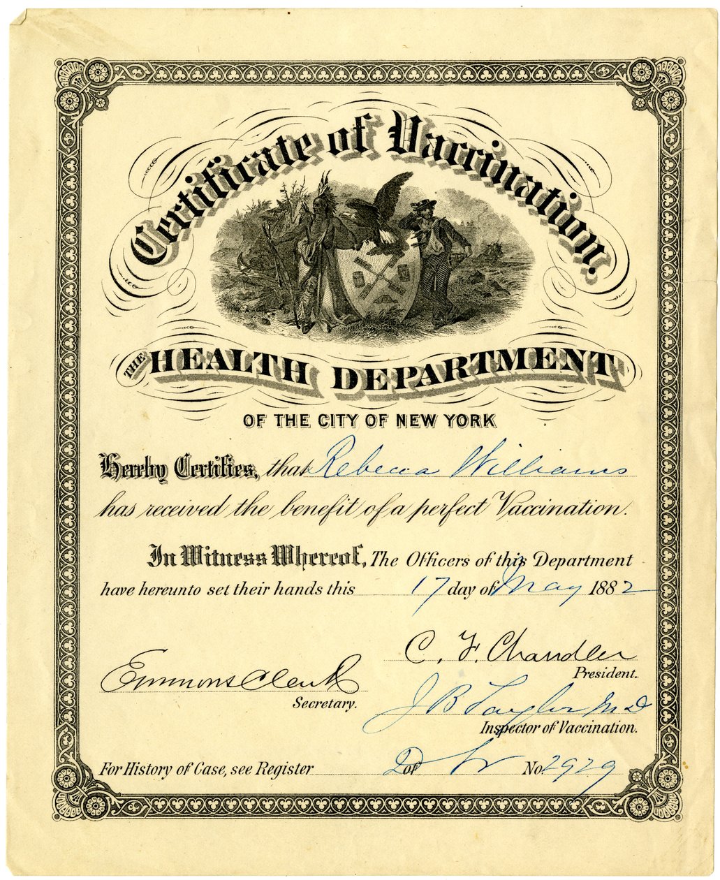 Certificate of Vaccination, the Health Department of the City of New York..., 1882 (metszet [tanúsítvány] tintával kitöltve) alkotó: American School