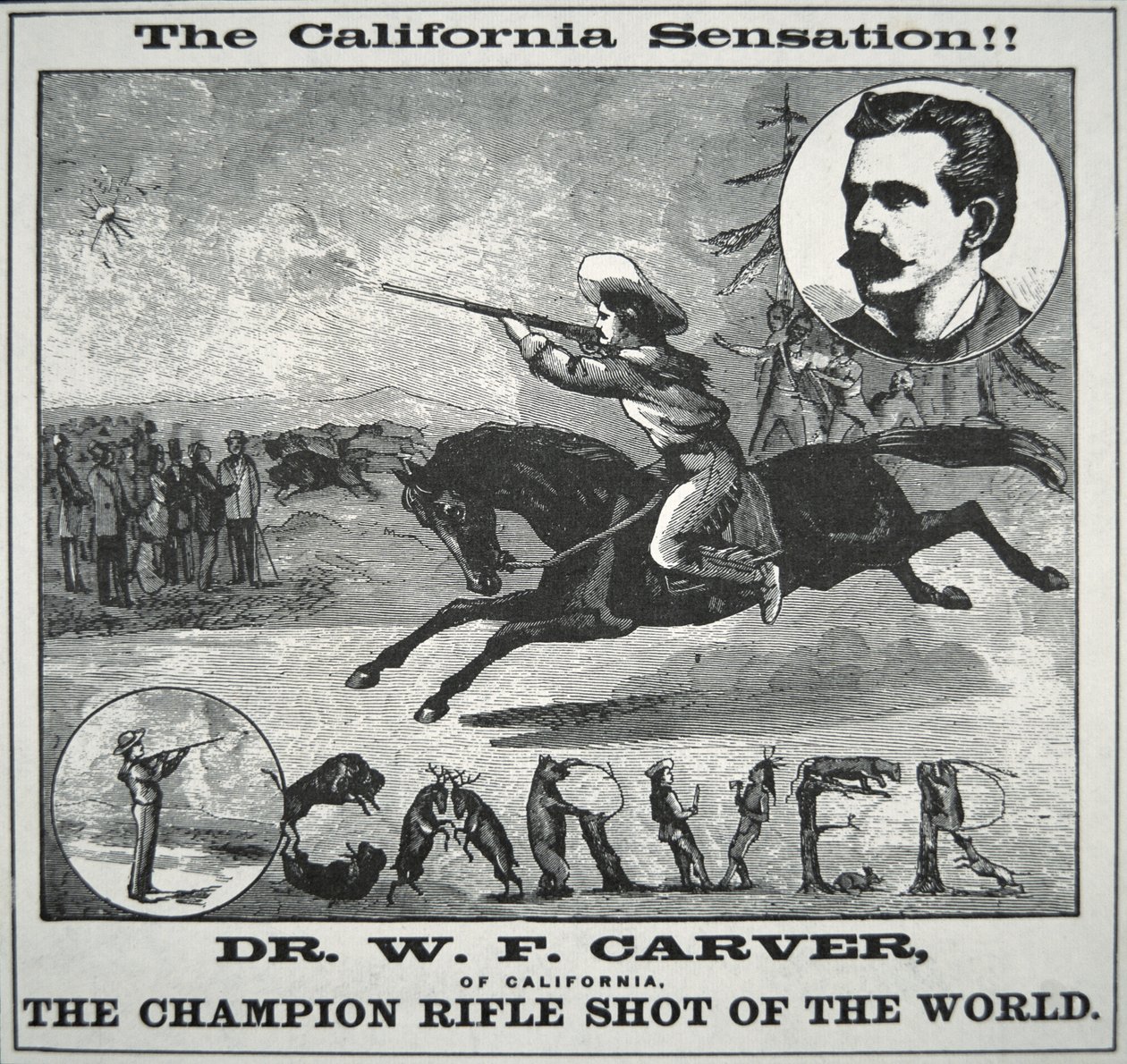 „Champion Rifle Shot of the World” poszter, Doc Carver (1840-1927) 1885 körüli képével (metszet) alkotó: American School