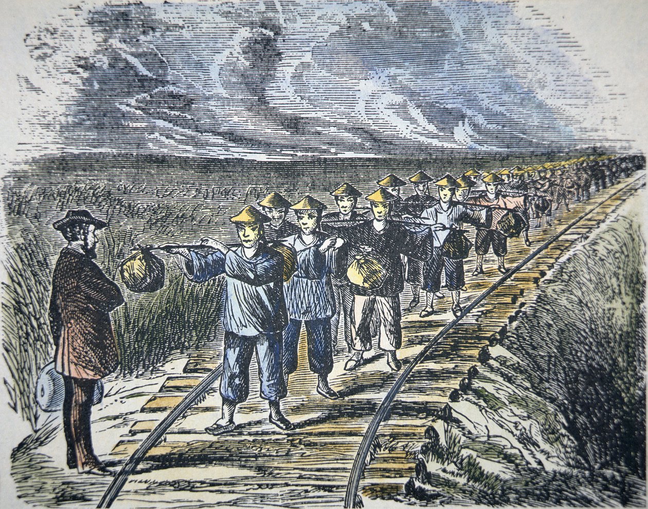 Charles Crocker (1822-88) és kínai munkásai a Csendes-óceán középső vasútvonalát építették, 1869-ben (színes litho) alkotó: American School