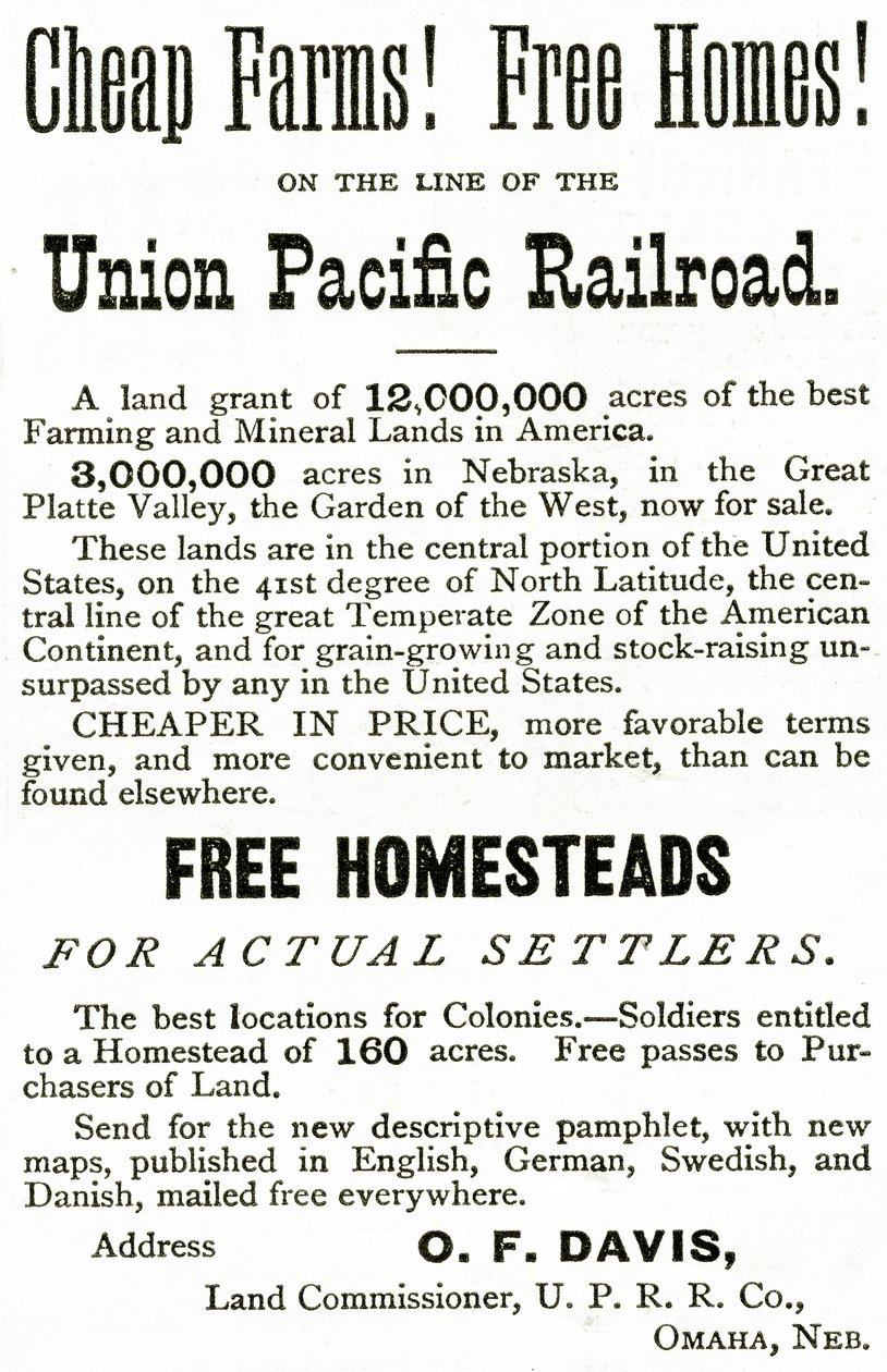 Olcsó farmok és ingyenes otthonok az Union Pacific Railroad vonalán, hirdetés az Appletons Journalból, 1872. május 4. alkotó: American School