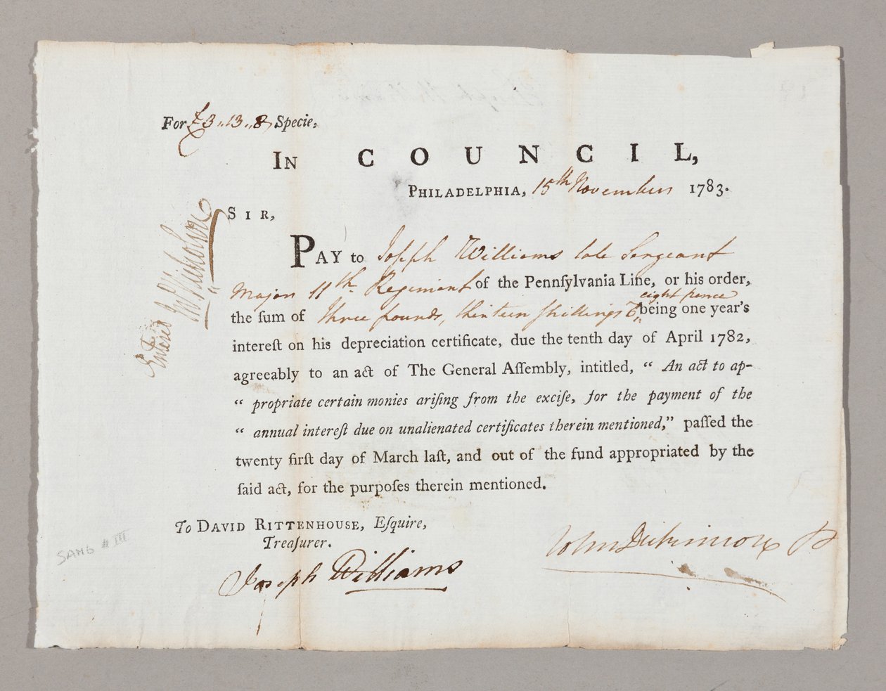 Három font és tizenhárom shilling csekkje Joseph Williamsnek, 1783. november 13. alkotó: American School