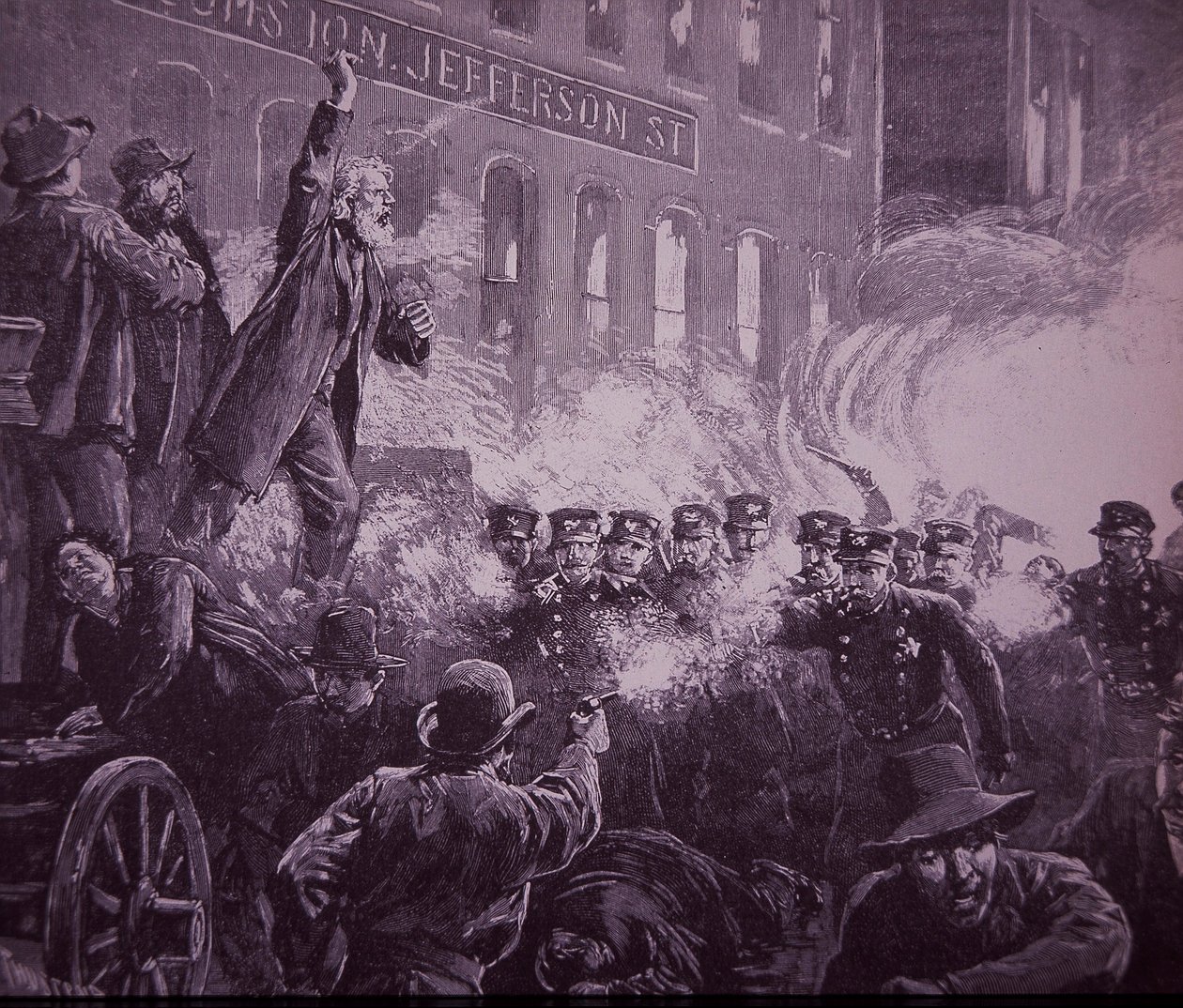 Chicago Haymarket Labor Riot 1886, metszet megjelent a Harper