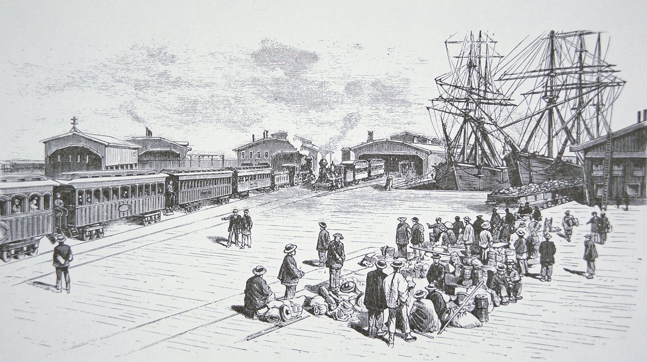 San Franciscóba érkező kínai bevándorlók vagy „Cooliek” a transzkontinentális vasúton dolgoznak az 1860-as években (litho) alkotó: American School