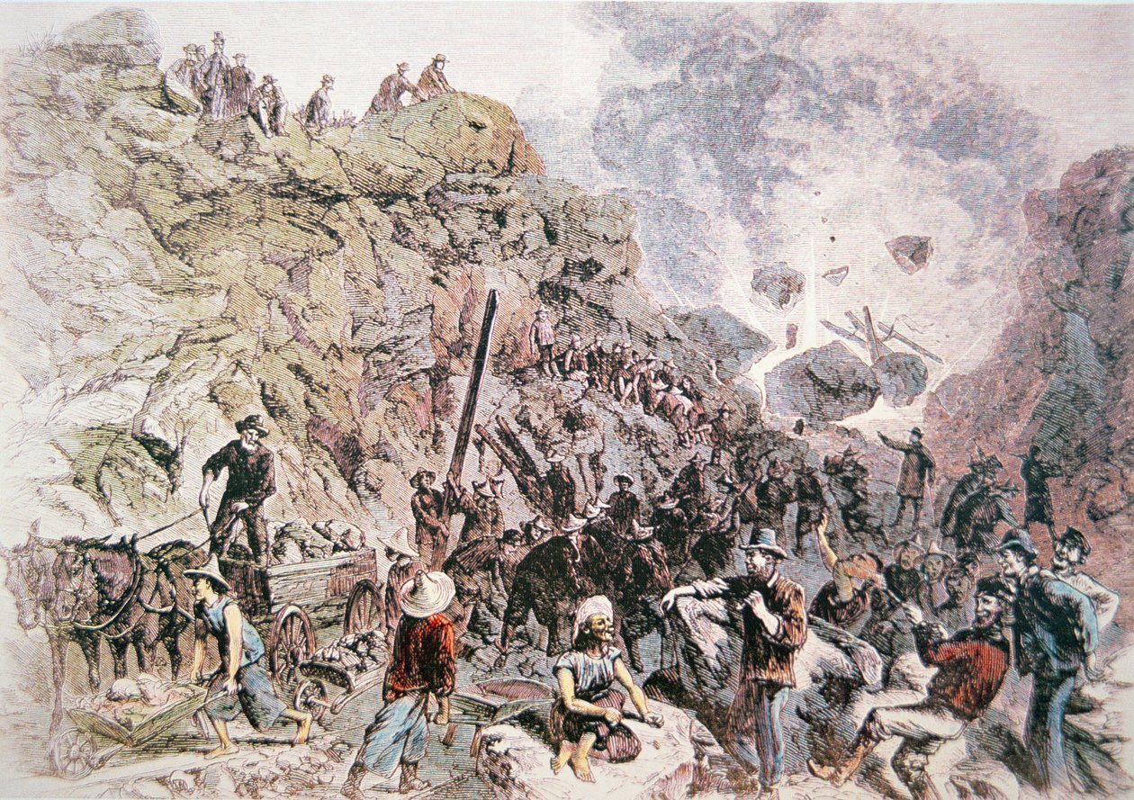 Kínai munkások, akik segítettek az 1869-ben elkészült Közép-csendes-óceáni vasút megépítésében (színes litho) alkotó: American School
