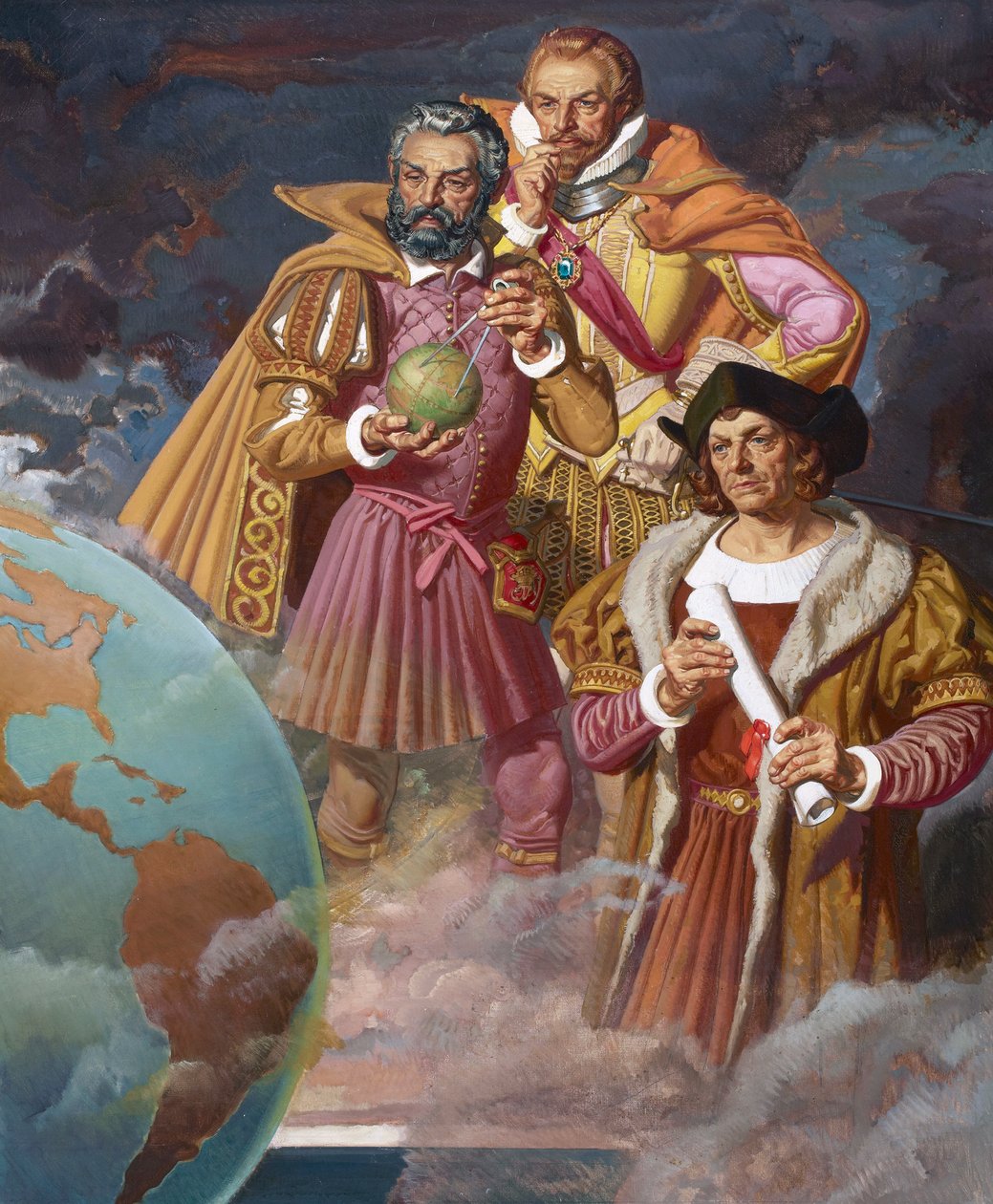 Kolumbusz Kristóf, Ferdinánd Magellán és Vasco de Gama, 1940 körül (színes litográfia) alkotó: American School