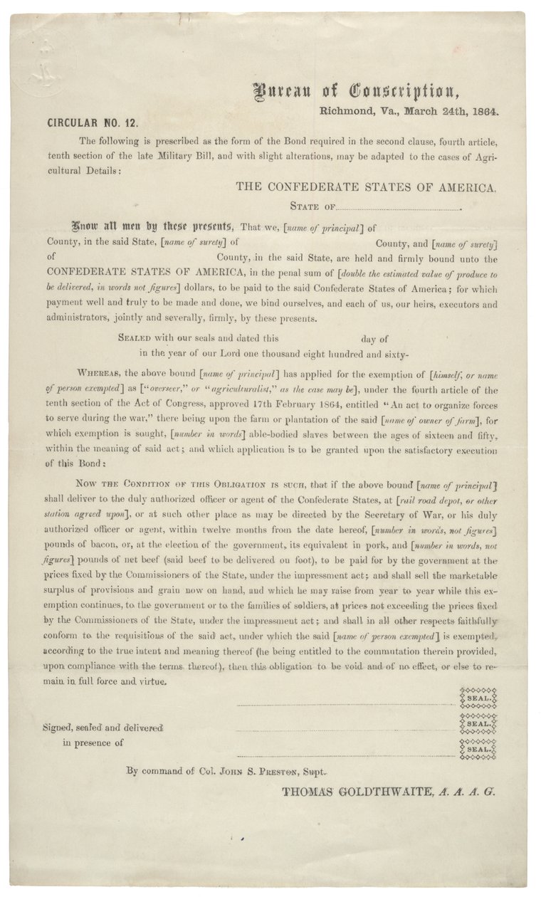 számú körlevél 12, üres kérelem a Konföderációs Hadsereg szolgálata alóli felmentésre, 1864. március 24. alkotó: American School