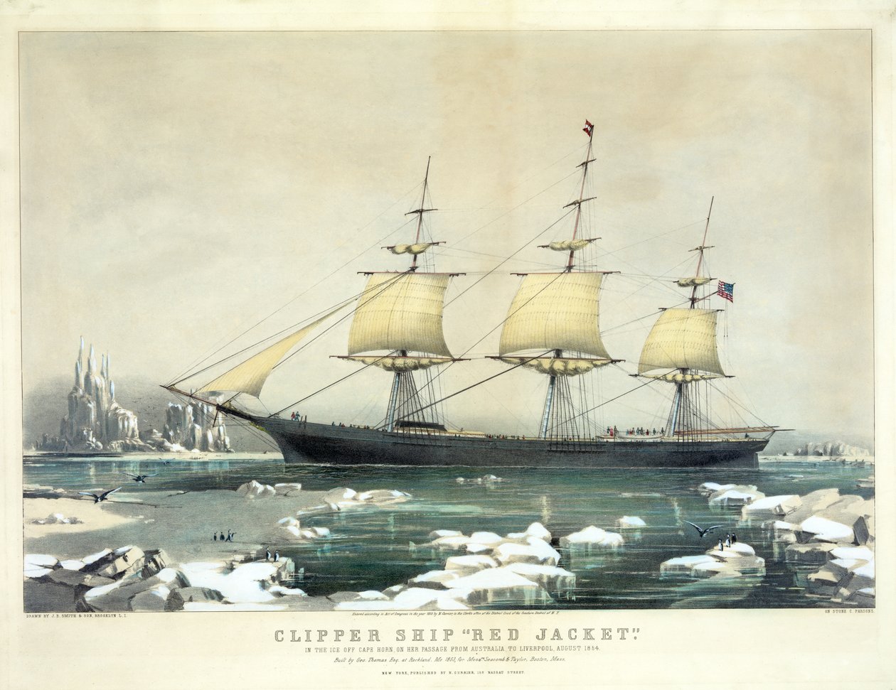 Clipper Ship Red Jacket a jégben a Horn-foknál, Ausztráliából Liverpoolba tartó utakon, 1854. augusztus, kocsma. N. Currier, 1855 alkotó: American School