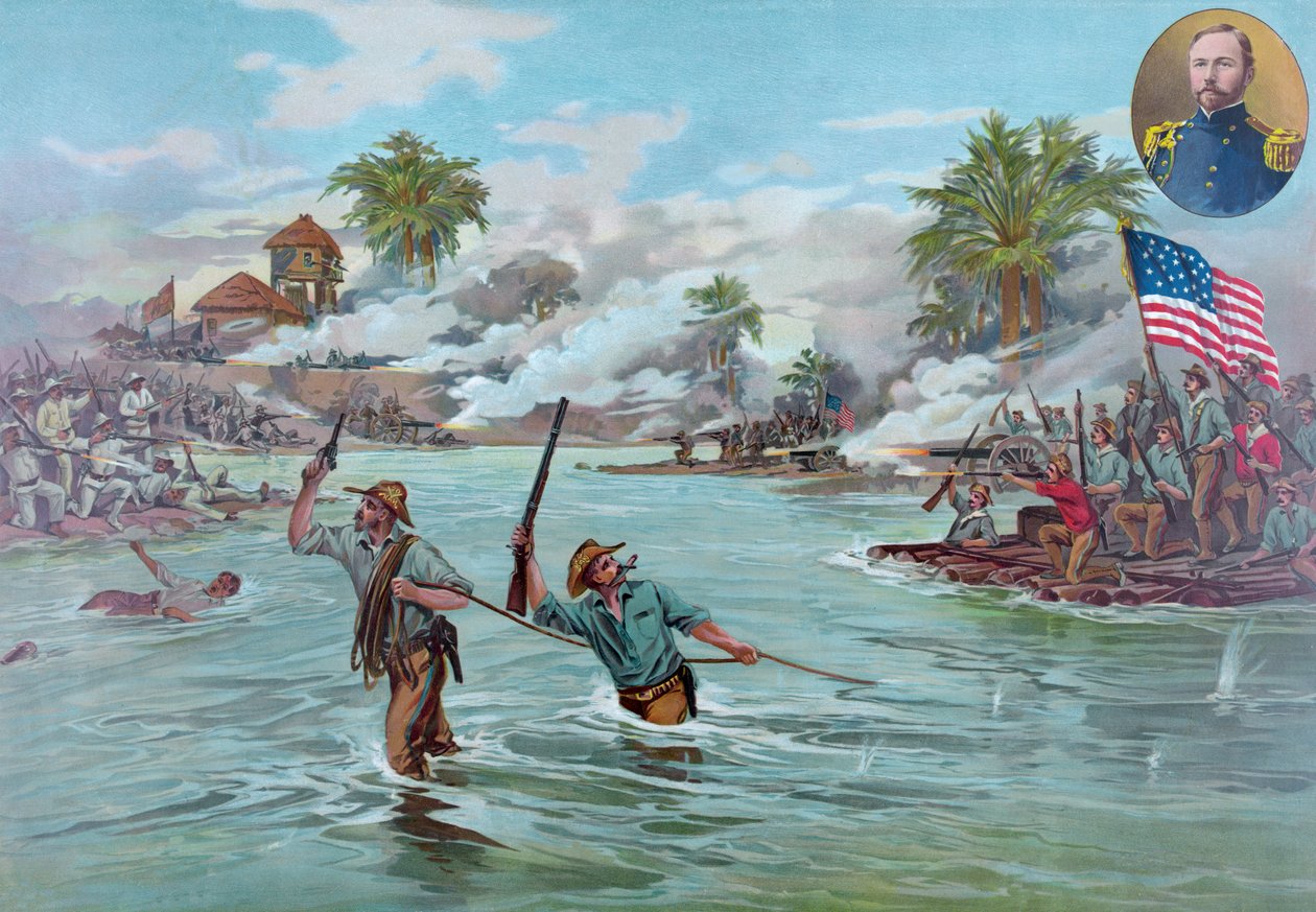Col. A.S. Funston és 20. Kansas Volunteers Crossing the River Calumpinál, 1899. április 26., pub. 1899 (színes tagok) alkotó: American School