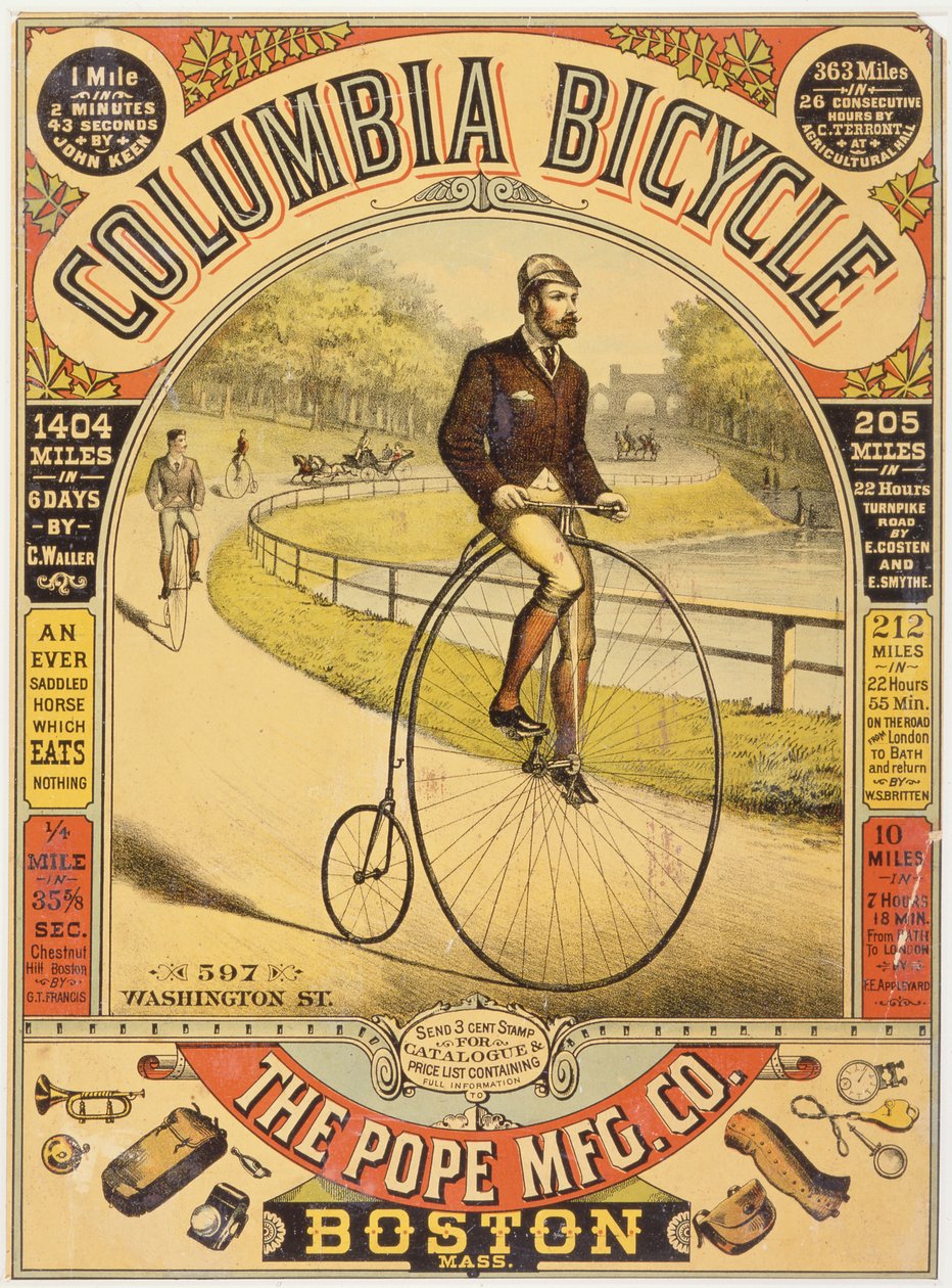 Columbia kerékpárhirdetés, 1890-es évek (kromolitográfia) alkotó: American School