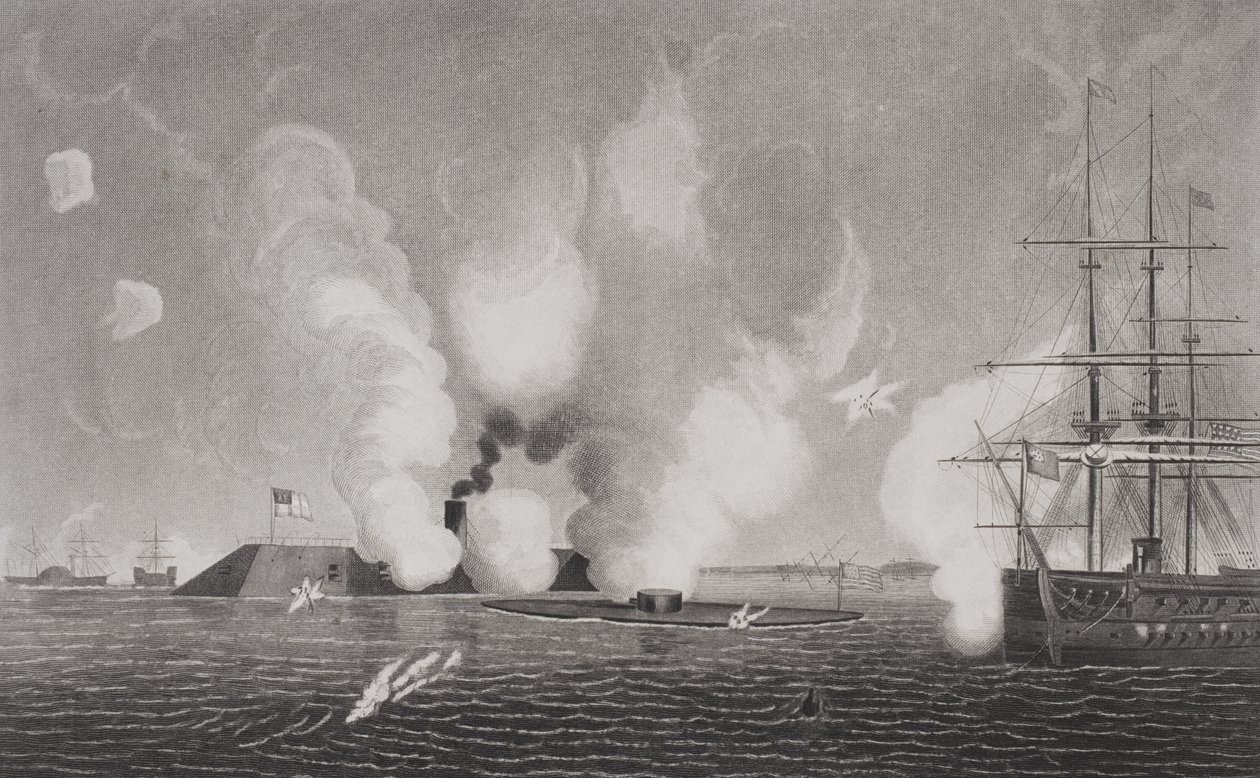 Harc a Konföderációs CSS Virginia (balra) és az Union USS Monitor (középen) között 1862. március 9-én a virginiai Hampton Roads-ban (a részletekért lásd: 254609) alkotó: American School
