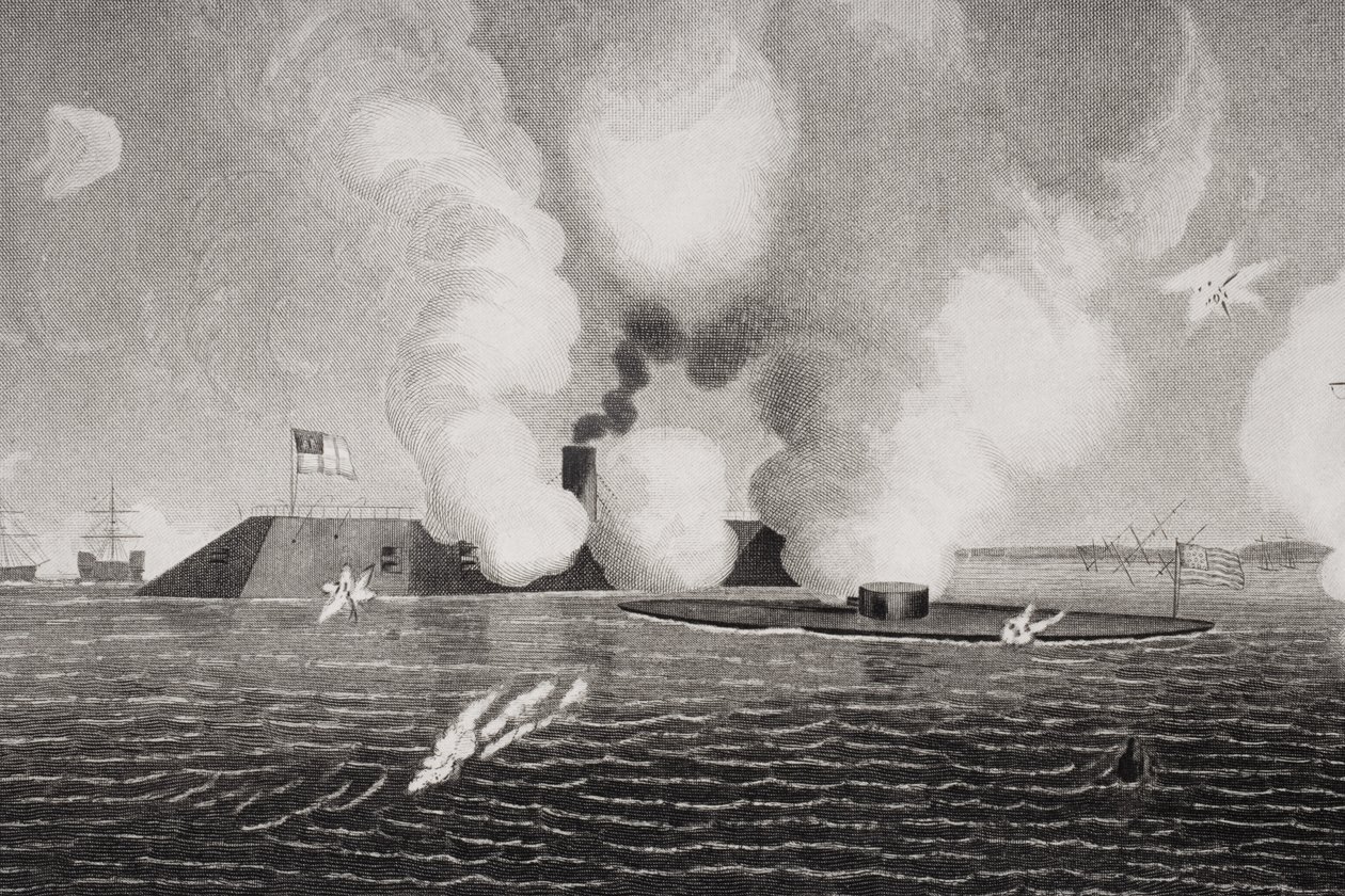 Harc a Konföderációs CSS Virginia (balra) és az Union USS Monitor (jobbra) között 1862. március 9-én a virginiai Hampton Roads-ban (254608 részlet) alkotó: American School