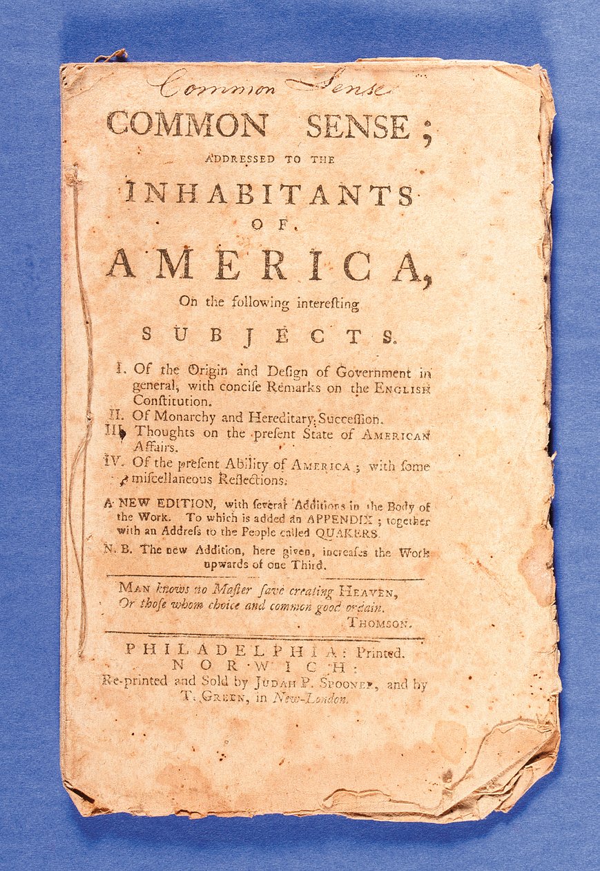 „Common Sense: Addressed to Inhabitants of America”, Thomas Paine (1737-1809) új kiadása Philadelphiában alkotó: American School