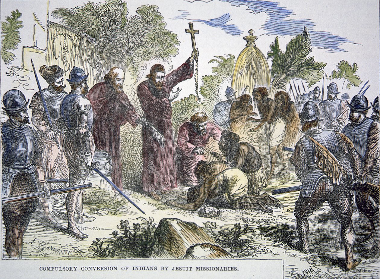 A spanyol jezsuita misszionáriusok kötelező áttérése a kereszténységre a 16. században (színes litho) alkotó: American School