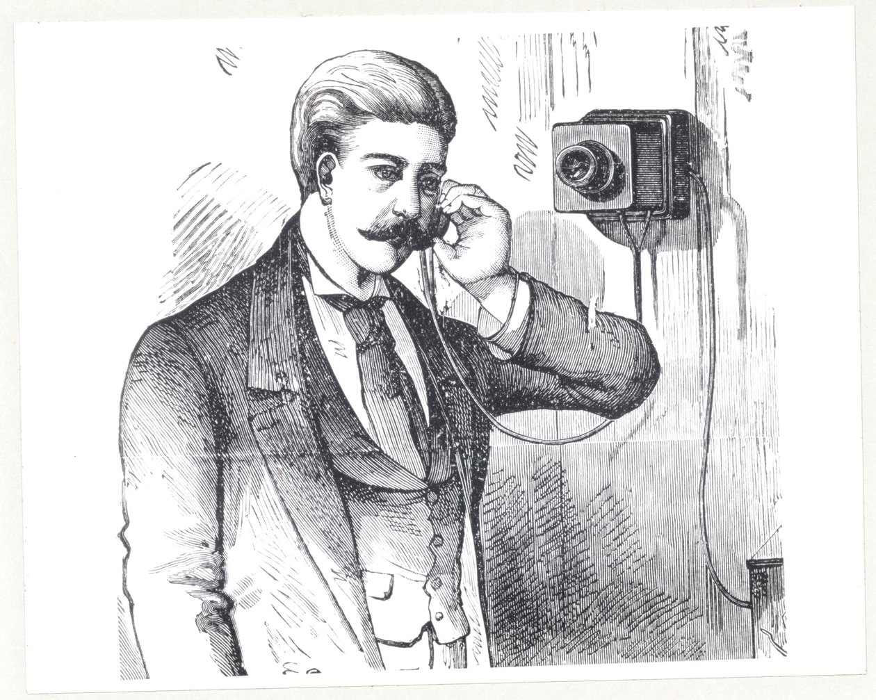 Kondenzátoros telefon használatban, a The Electric Telephone-ból, George Bartlett Prescott (sz. 1830), 1890 alkotó: American School