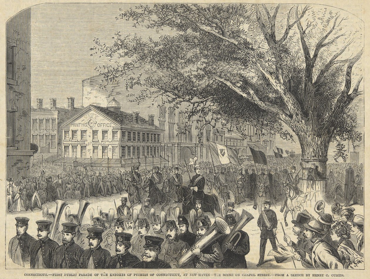 Connecticut – A Connecticuti Pythias Lovagok első nyilvános felvonulása New Havenben. The Scene on Chapel Street, a Harper