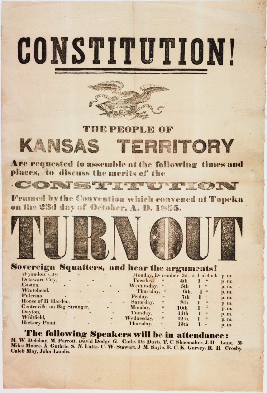 Alkotmány! A Kansas Territory lakosságát felkérik, hogy gyűljenek össze..., nyomta: E. C. K. Garvey & Co., 1855. október 23. alkotó: American School