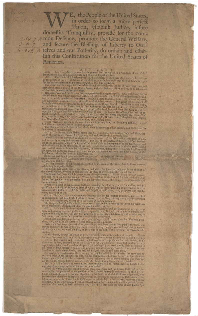 Alkotmány, első nyomtatás, kinyomtatta a Dunlap & Claypoole, 1787. szeptember 17-19. (lásd GLC 695934 a 2. oldalon) alkotó: American School