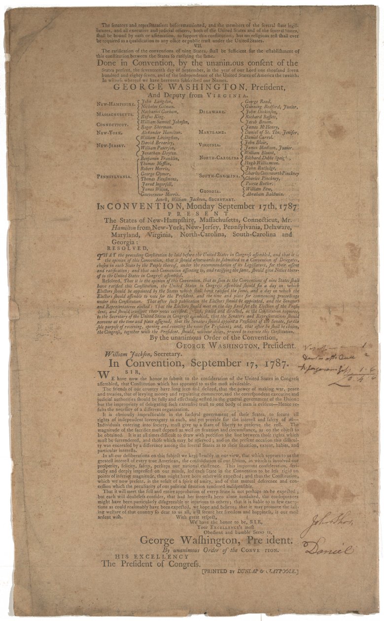 Konstitúció, első nyomás, kinyomtatta a Dunlap & Claypoole, 1787. szeptember 17-19. (lásd még GLC 695933, GLC 695934 és GLC 695935) alkotó: American School
