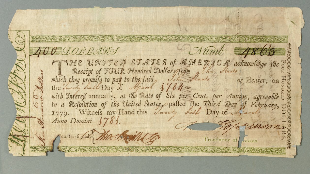 A kontinentális kölcsönhivatal 4863-as számú bizonyítványa, amelyet Francis Hopkinson pénztáros írt alá, 1781. március 26. alkotó: American School