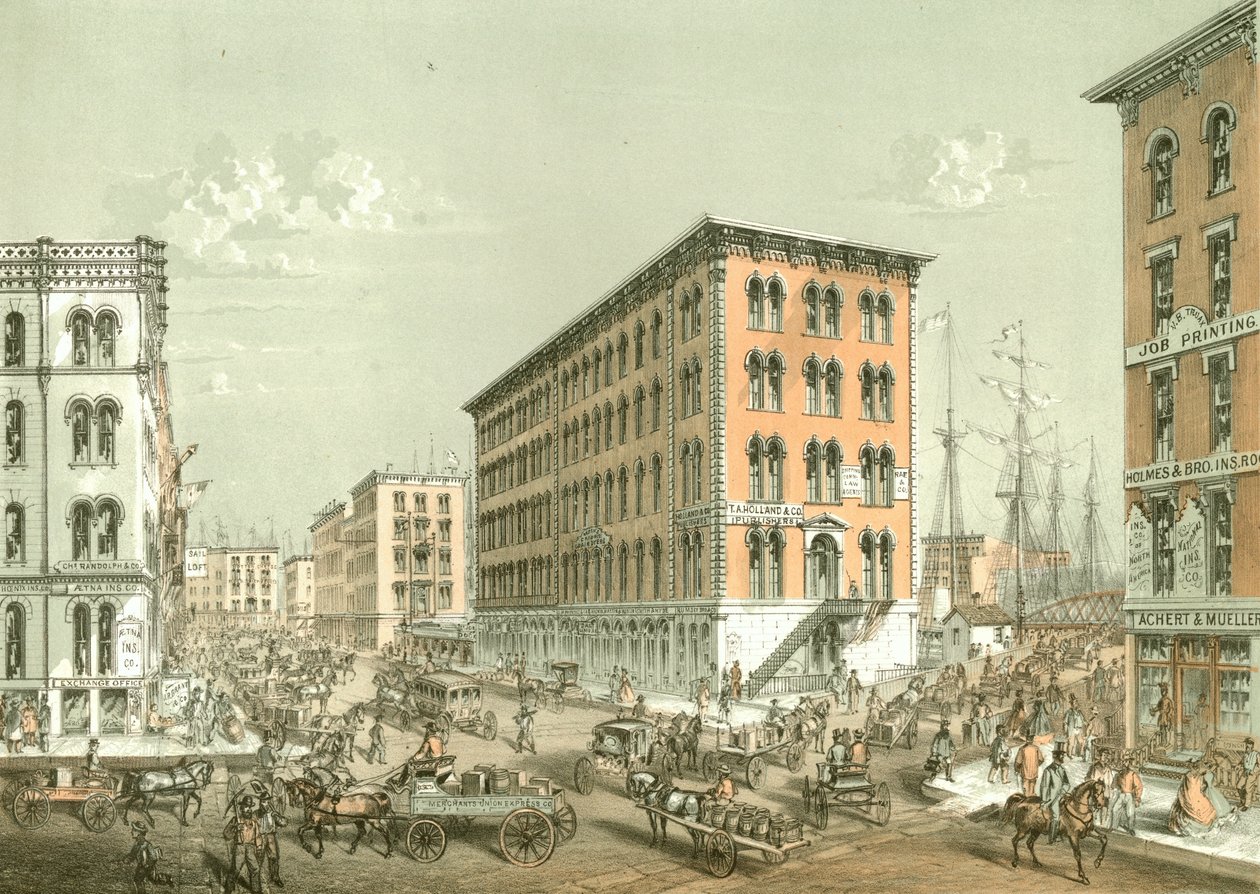 Clark és South Water Street sarka, a Chicago Illustrated-től, James W. Sheahan irodalmi leírásaival, a Jevne & Almini, Chicago, 1866-67 alkotó: American School