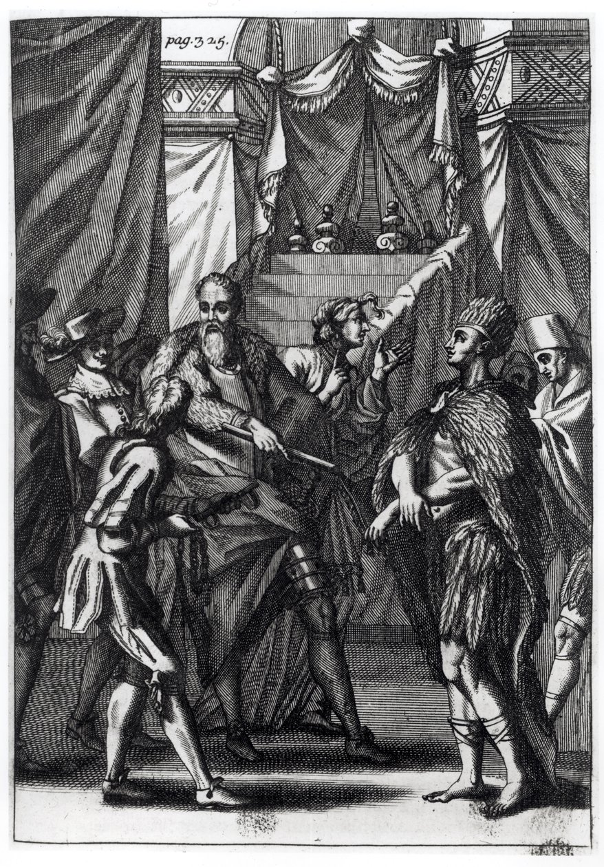 Cortes és Montezuma, Antonio de Solis y Rivadeneira Solis „Mexikó hódításának története” című művéből, 1691 alkotó: American School