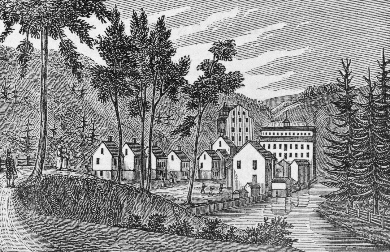 Pamutgyár falu, Glastenbury, a "Connecticut Historical Collections"-ből, John Warner Barber, 1856 alkotó: American School