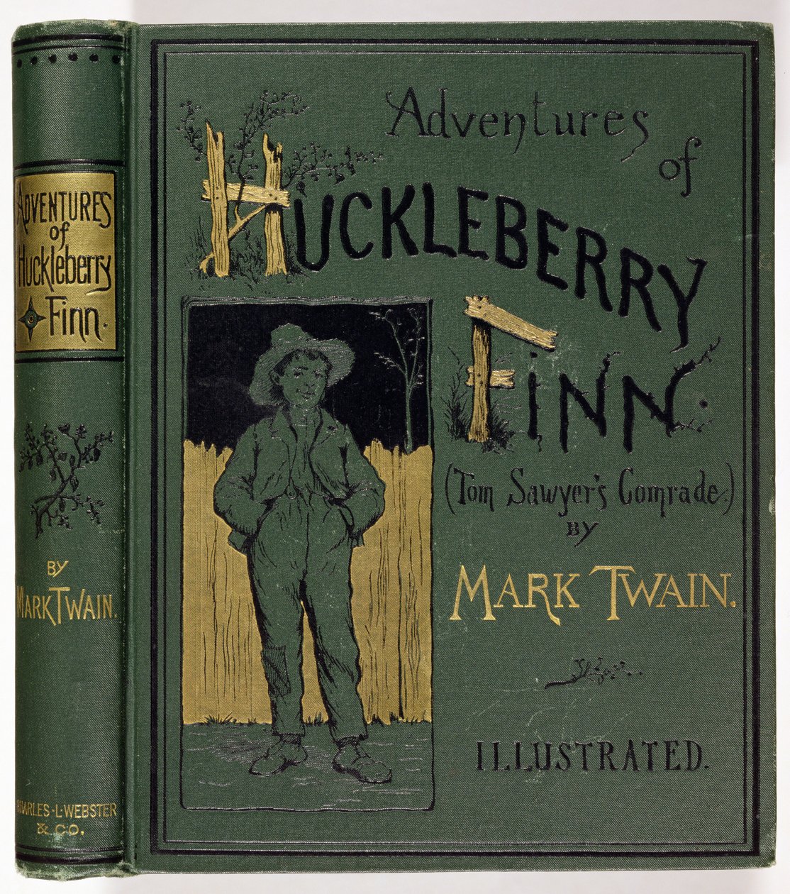 Mark Twain (1835-1910) Huckleberry Finn kalandjainak borítója, első amerikai kiadás, Charles L. Webster, 1885 (arany dombornyomott ruha) alkotó: American School