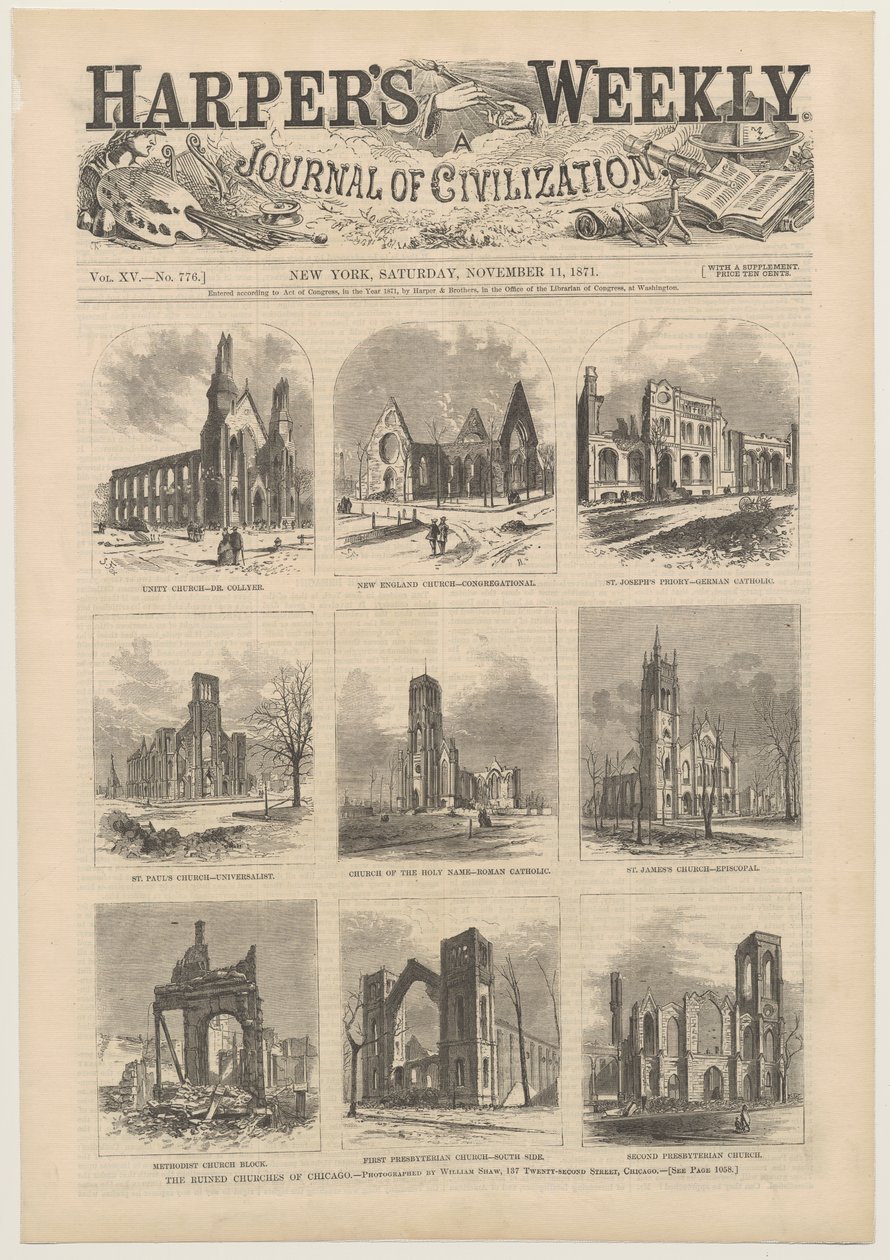 A Harpers Weekly címlapja, amely Chicagó romos templomainak jeleneteit mutatja be, 1871. november 11. alkotó: American School
