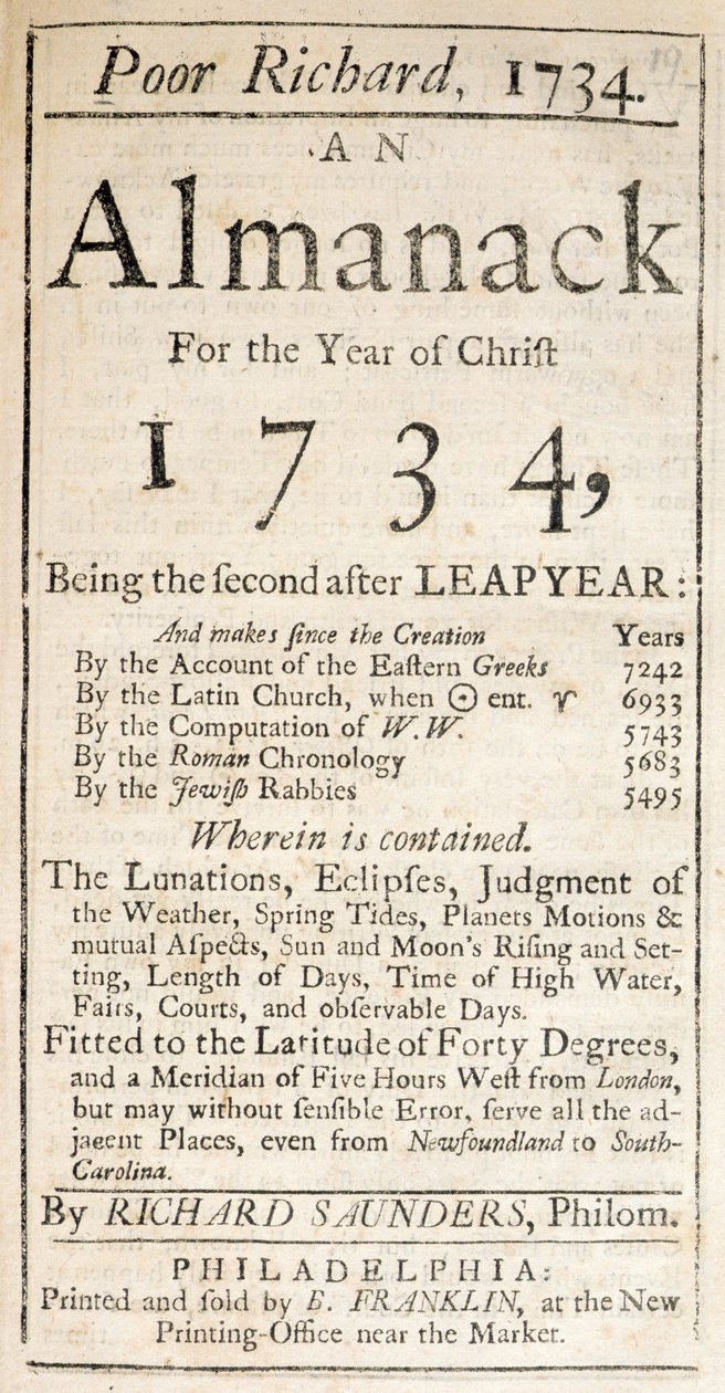 Szegény Richard, egy almanach borítója, 1734 (nyomtatott) alkotó: American School