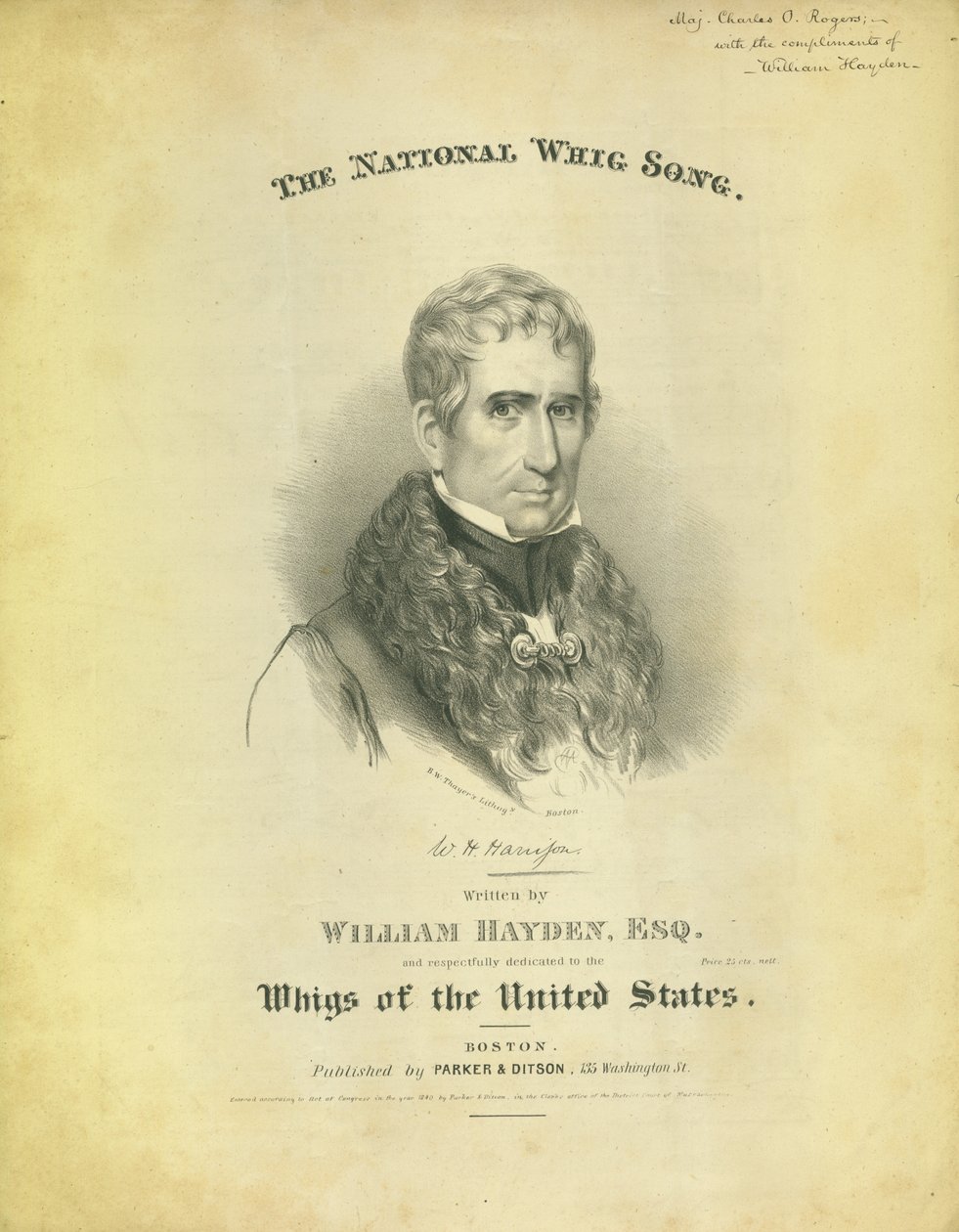 A The National Whig Song lap borítója, William Hayden, kiadó: Parker & Diston, Boston, 1840 alkotó: American School