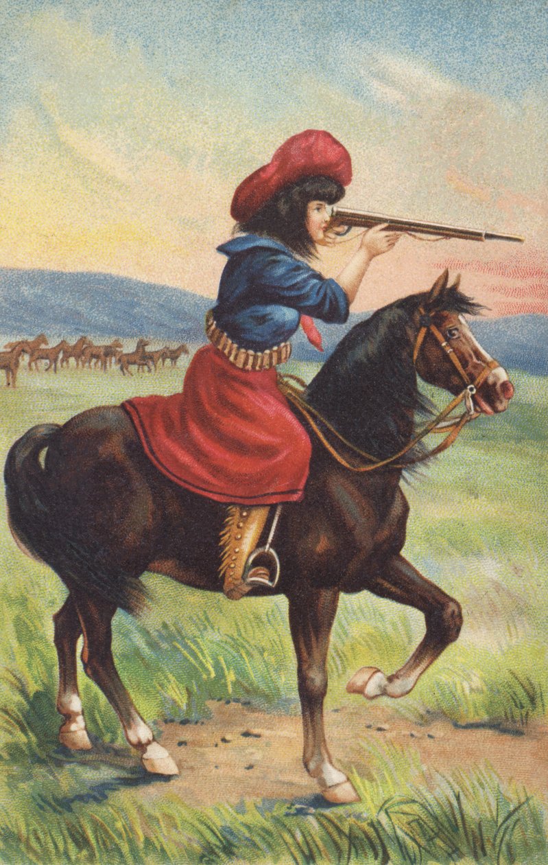 Cowgirl lóháton, puskát céloz (kromolito) alkotó: American School