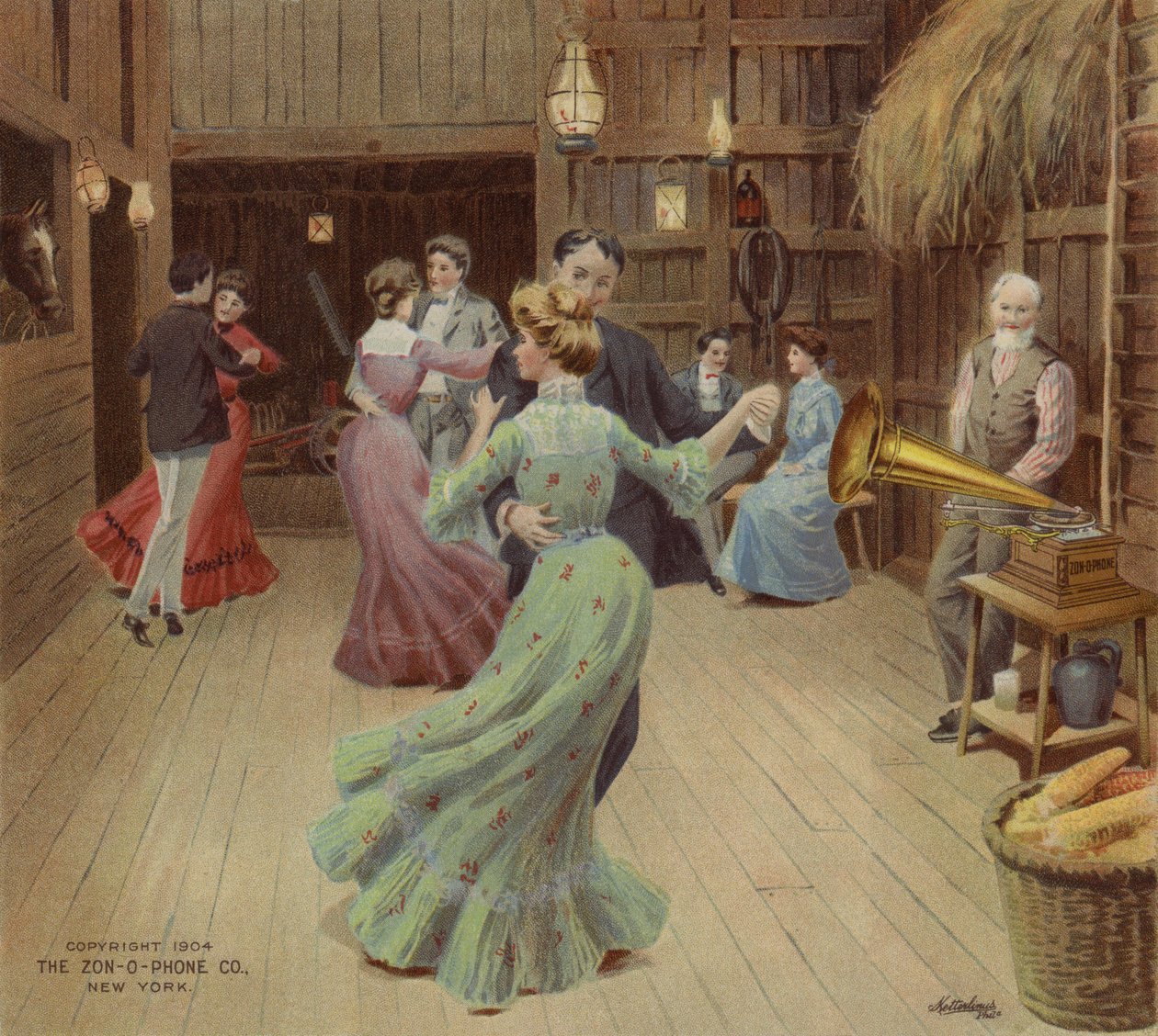 Tánc egy pajtában fonográfra (színes litográfia) alkotó: American School