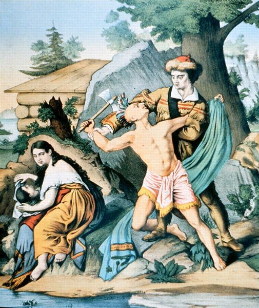Daniel Boone (1734-1820) megvédi családját az indiánok támadásával szemben alkotó: American School
