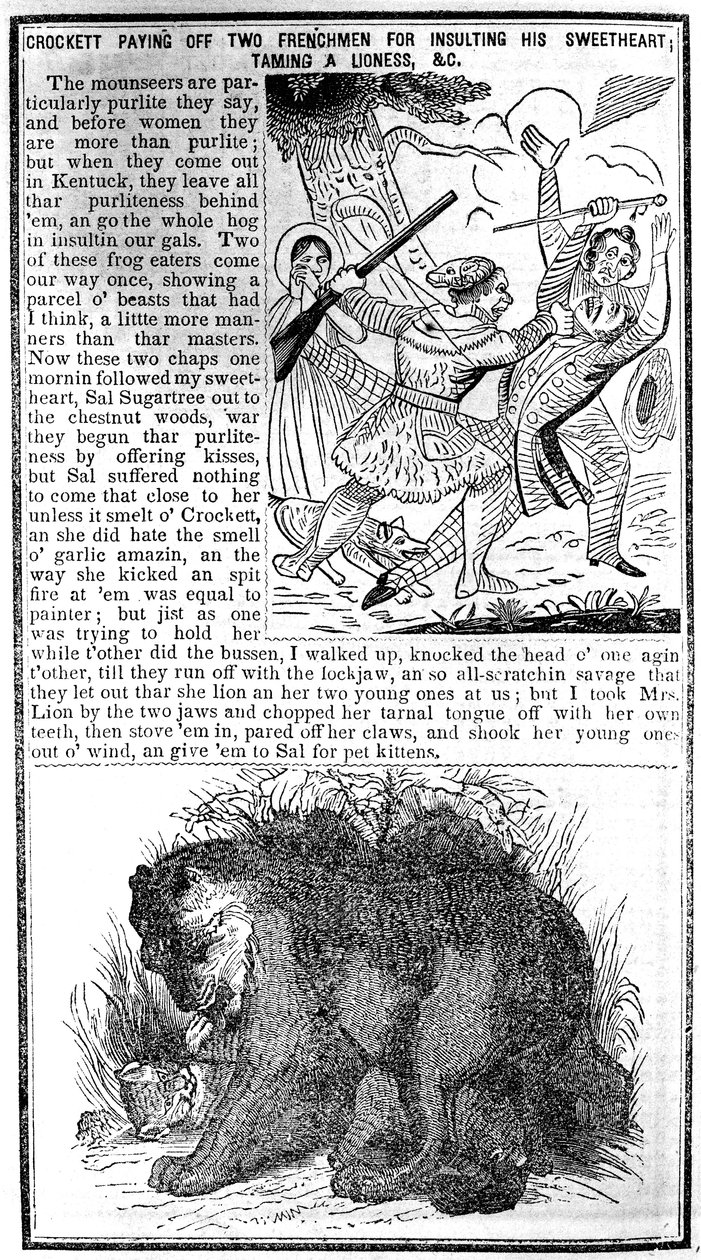 Davy Crockett kifizetett két franciát, mert megsértették kedvesét, megszelídítettek egy oroszlánt stb., illusztráció a Crocketts Almanackból alkotó: American School