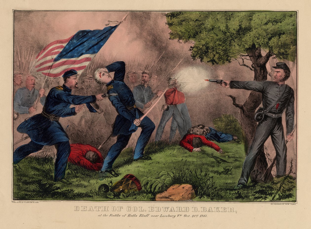 Edward D. Baker ezredes halála a Balls Bluff csatában, Leesburg VA. közelében, 1861. október 21., pub. szerző: Currier & Ives, 1861 körül alkotó: American School