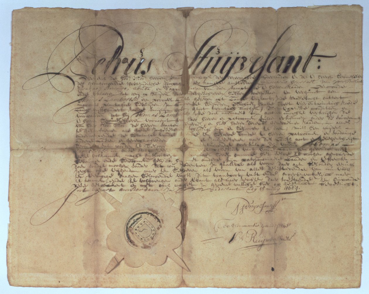 Peter Stuyvesant, Új Hollandia főigazgatója által aláírt okirat 1664. május 15-én alkotó: American School