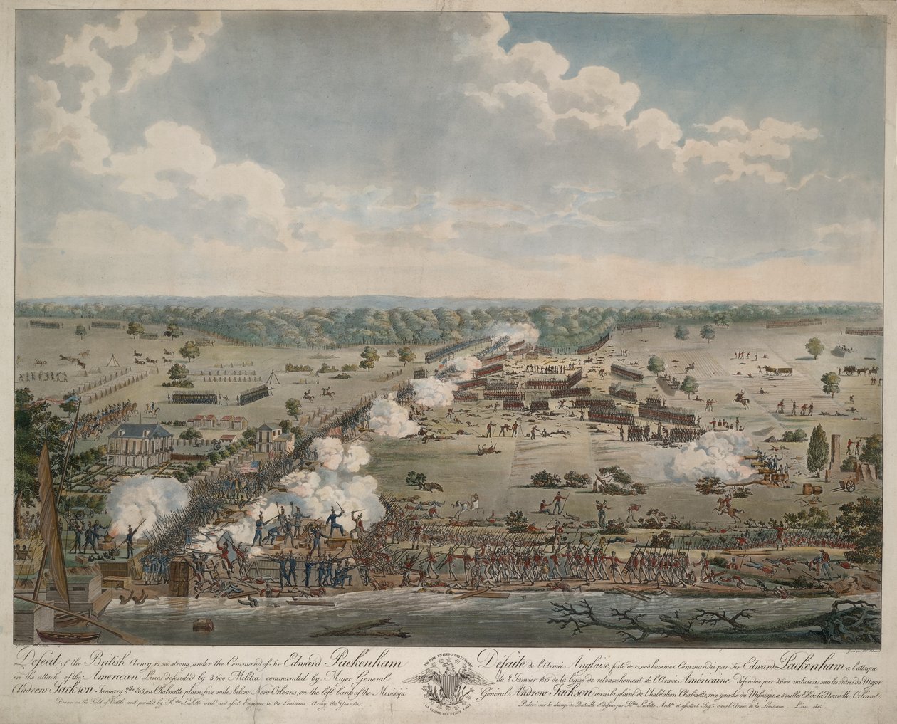 A brit hadsereg veresége (New Orleans-i csata), pub. 1815 (kézzel színezett metszet) alkotó: American School