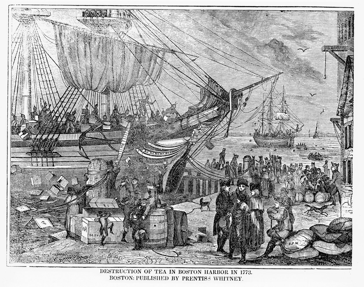 A tea megsemmisítése Boston kikötőjében 1773-ban alkotó: American School