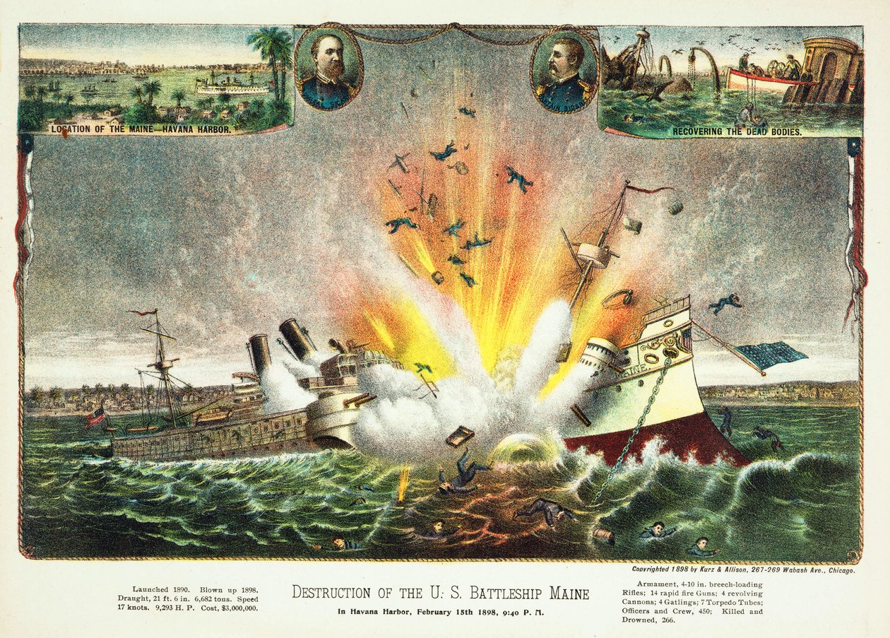 Az Egyesült Államok Maine csatahajójának megsemmisítése Havanna kikötőjében 1898. február 15., pub. 1898 alkotó: American School