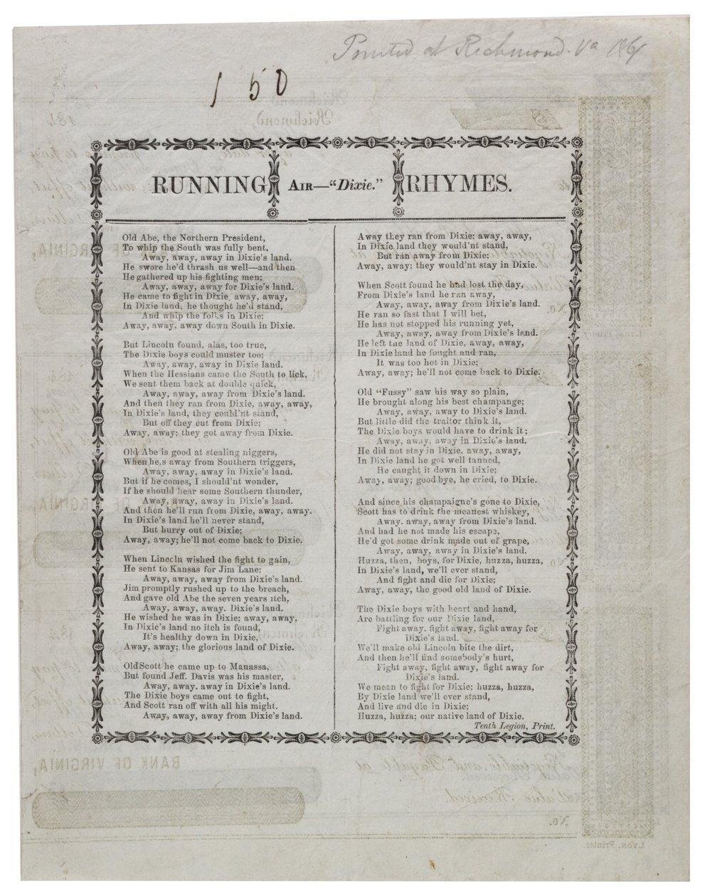 Dixie egy csekk hátoldalára nyomtatva, 1861 alkotó: American School