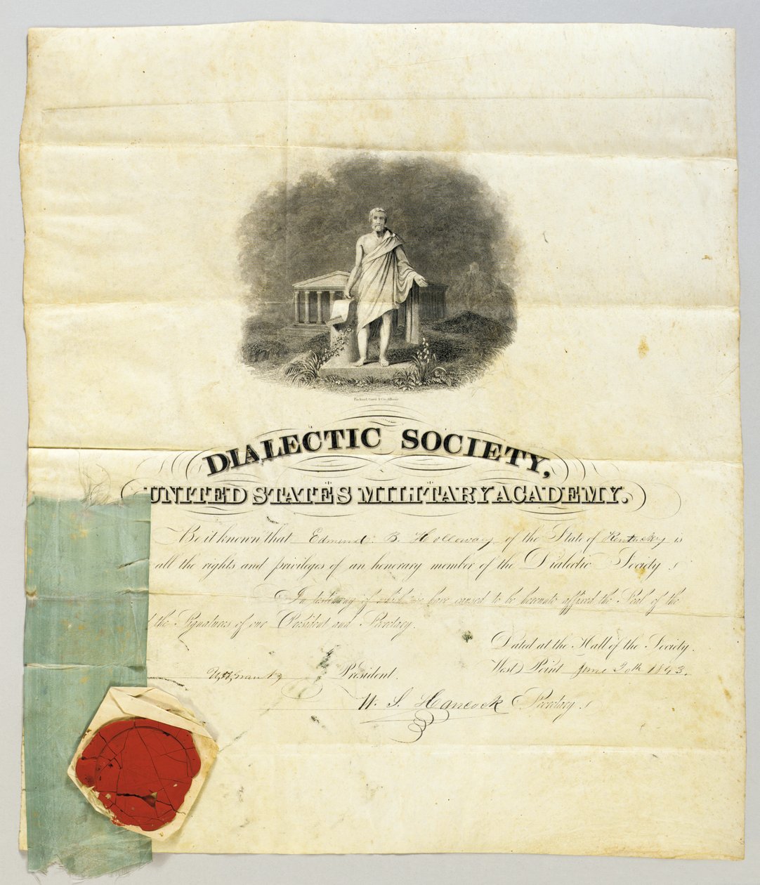 Ulysses S. Grant, mint a West Point Katonai Akadémia Dialektikus Társaságának elnöke által aláírt dokumentum 1843. június 20-án (metszet, toll és tinta pergamenre) (lásd még: 872501) alkotó: American School