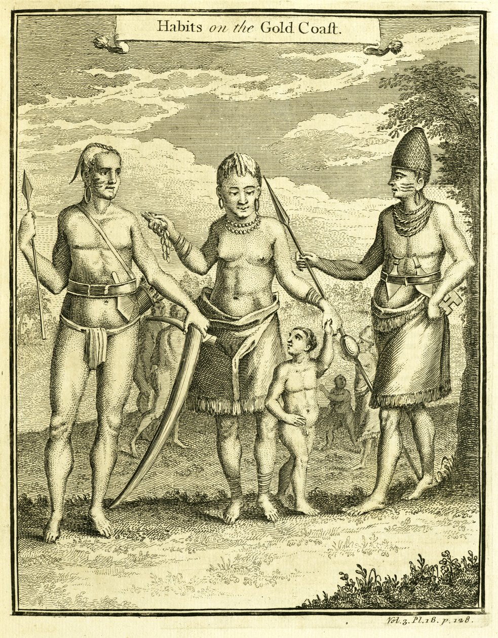 A Cape Lope Gonsalvo és Rio Gabon népének ruhája, illusztráció a "Szokások az aranyparton", Thomas Astley, 1745-47 alkotó: American School