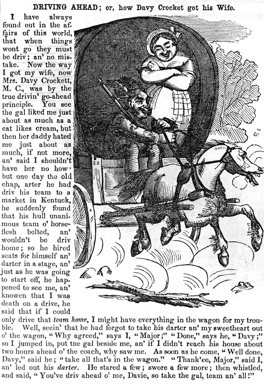 Vezetni előre, avagy hogyan szerzi meg Davy Crockett a feleségét, Crockett 1856-os almanachjából, megjelent, New York, 1855 alkotó: American School