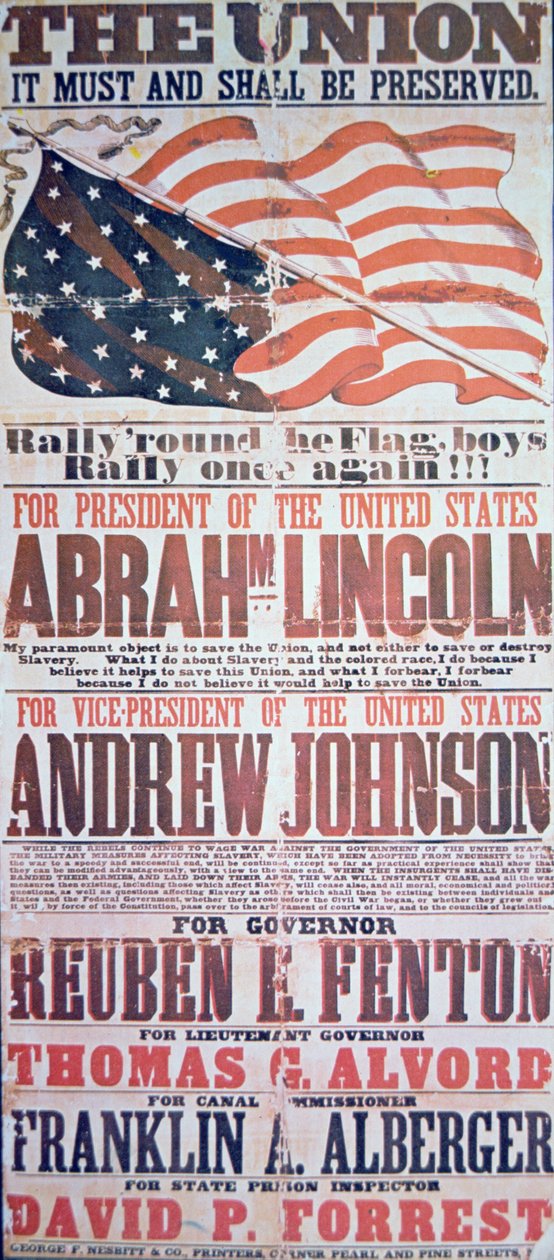 Abraham Lincoln (1809-65) az elnök és Andrew Johnson (1808-75) alelnök választási kampányplakátja alkotó: American School